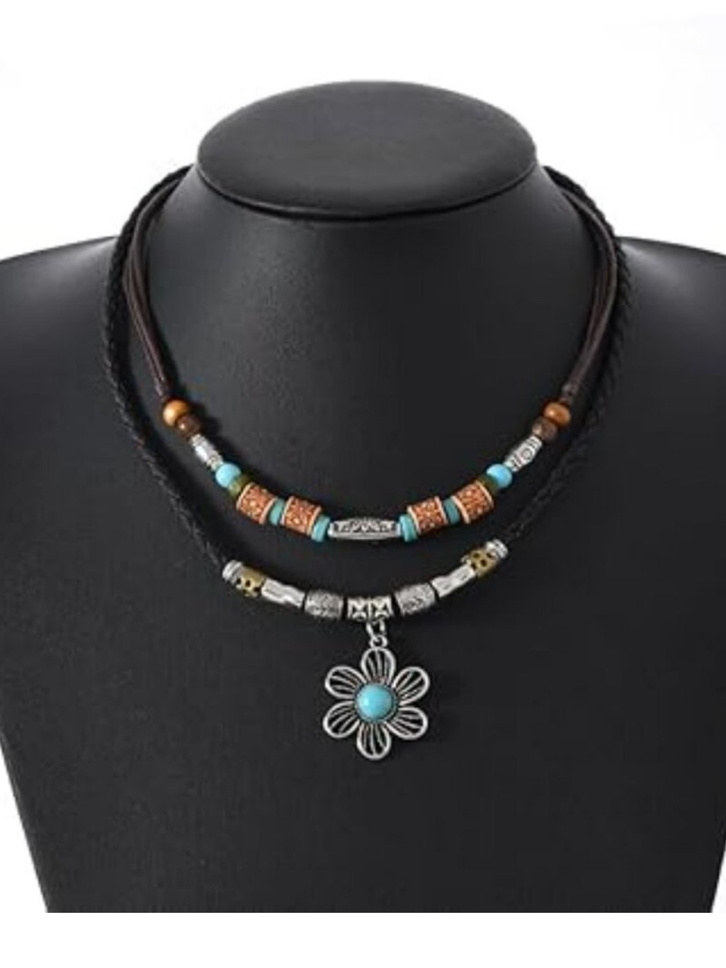 Boho Layered Leather Necklace Floral Medallion Multi Colored Trendy Bohemian New